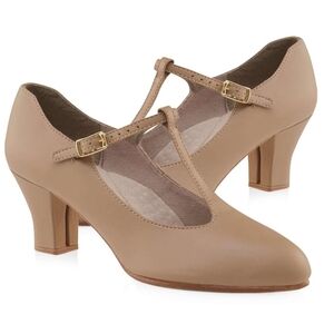 Capezio Jr. Footlight T-Strap Character Shoes in a caramel beige color